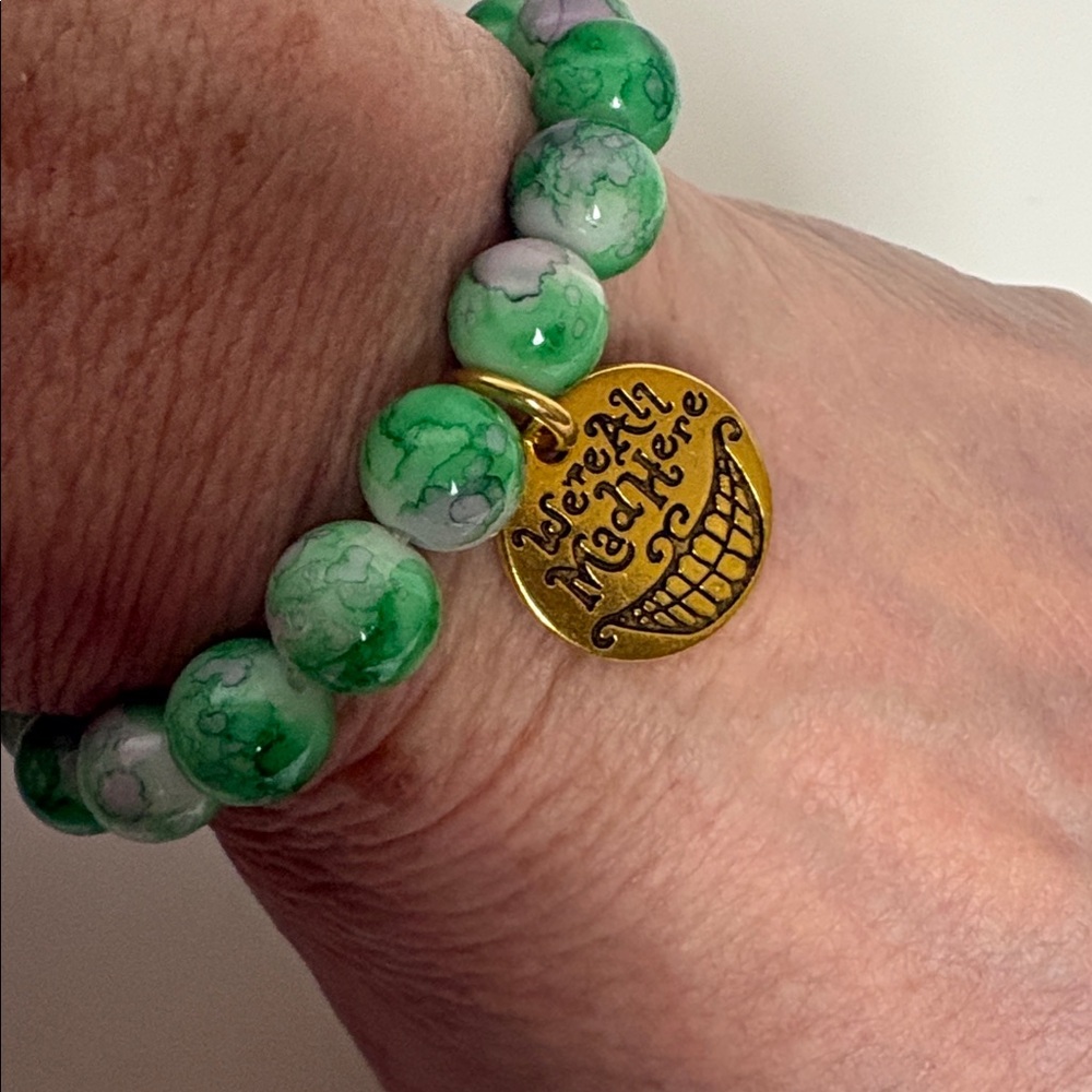 Cheshire Cat Green Pink Glass Beaded Bracelet with Gold Charm
